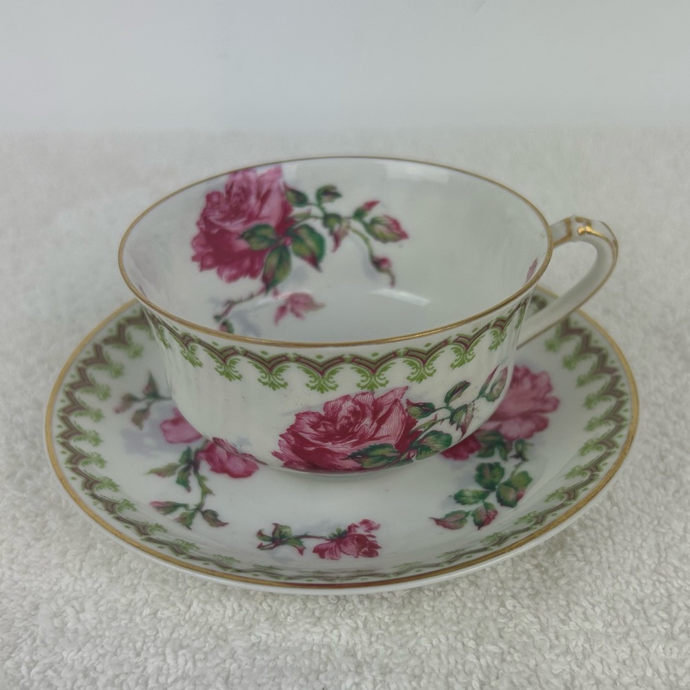 VTG "c.1894-1931' Haviland Floral Pink Rose Gold-Trim Cup and Saucer